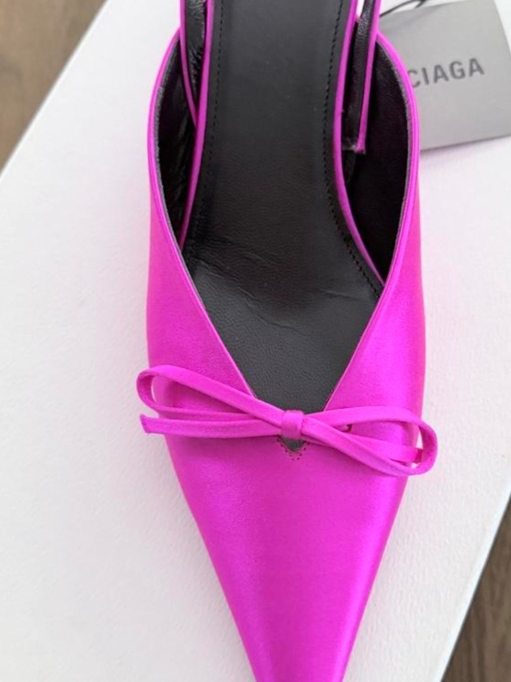 Balenciaga Womens Neon Pink Pointed-Toe Slingback Flat with Bow